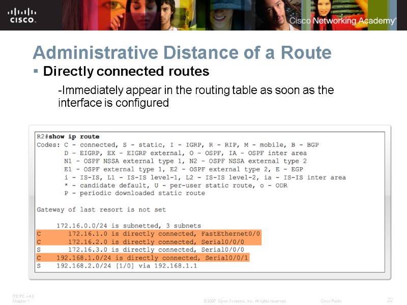 Administrative Distance of a Route Directly connected routes -Immediately appear in the routing table